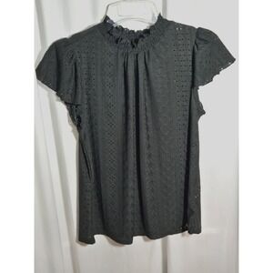 W5 Black Eyelet Stretch Blouse XL | Smocked Neck Romantic Top